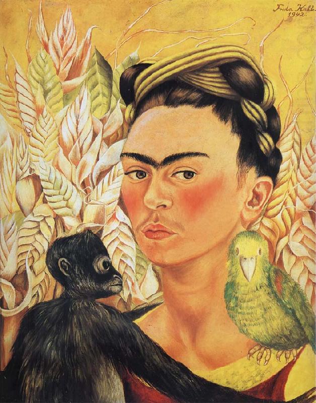 Frida Kahlo Self-Portrait with Monkey and Parrot oil painting picture